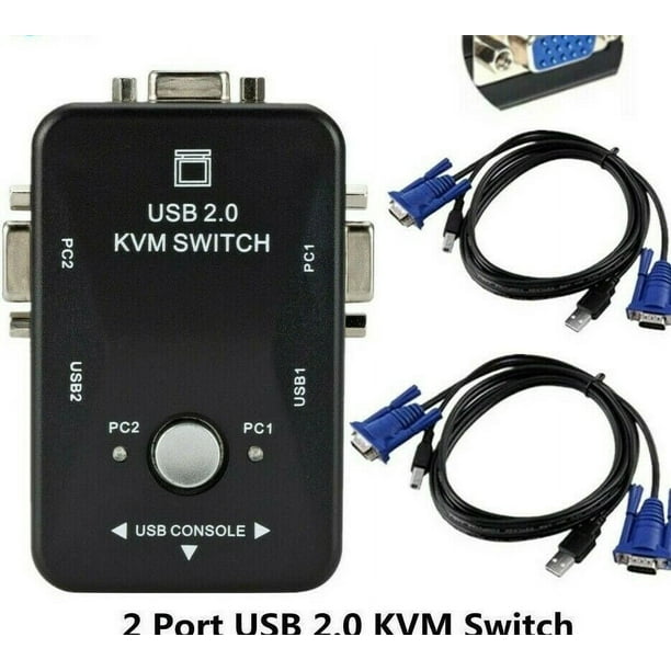 Caja Divisoria USB2.0 de 2 Puertos KVM VGA SVGA 1920 X 1440 Switch + Dos Cables KVM