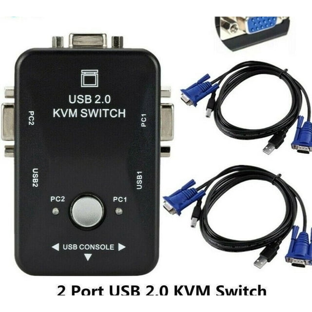 Caja Divisoria USB2.0 de 2 Puertos KVM VGA SVGA 1920 X 1440 Switch + Dos Cables KVM