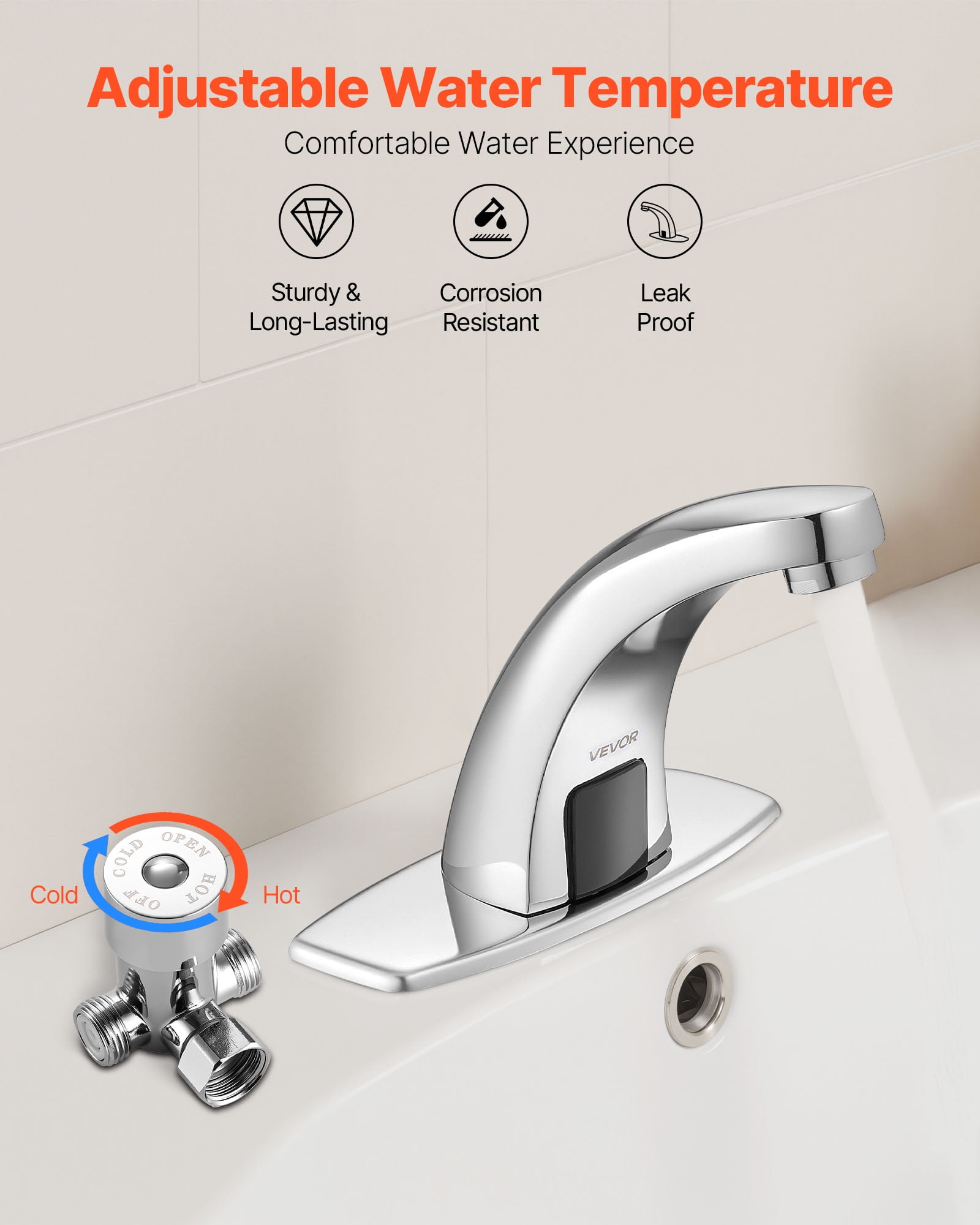 VEVOR Touchless Bathroom Sink Faucet, Automatic Motion Sensor Restroom Toilet Faucet with Hole Cover Plate, Battery Operated,Hot/Cold Water for 9/16 in Pipe Commercial Lavatory,Chrome Plated Silver