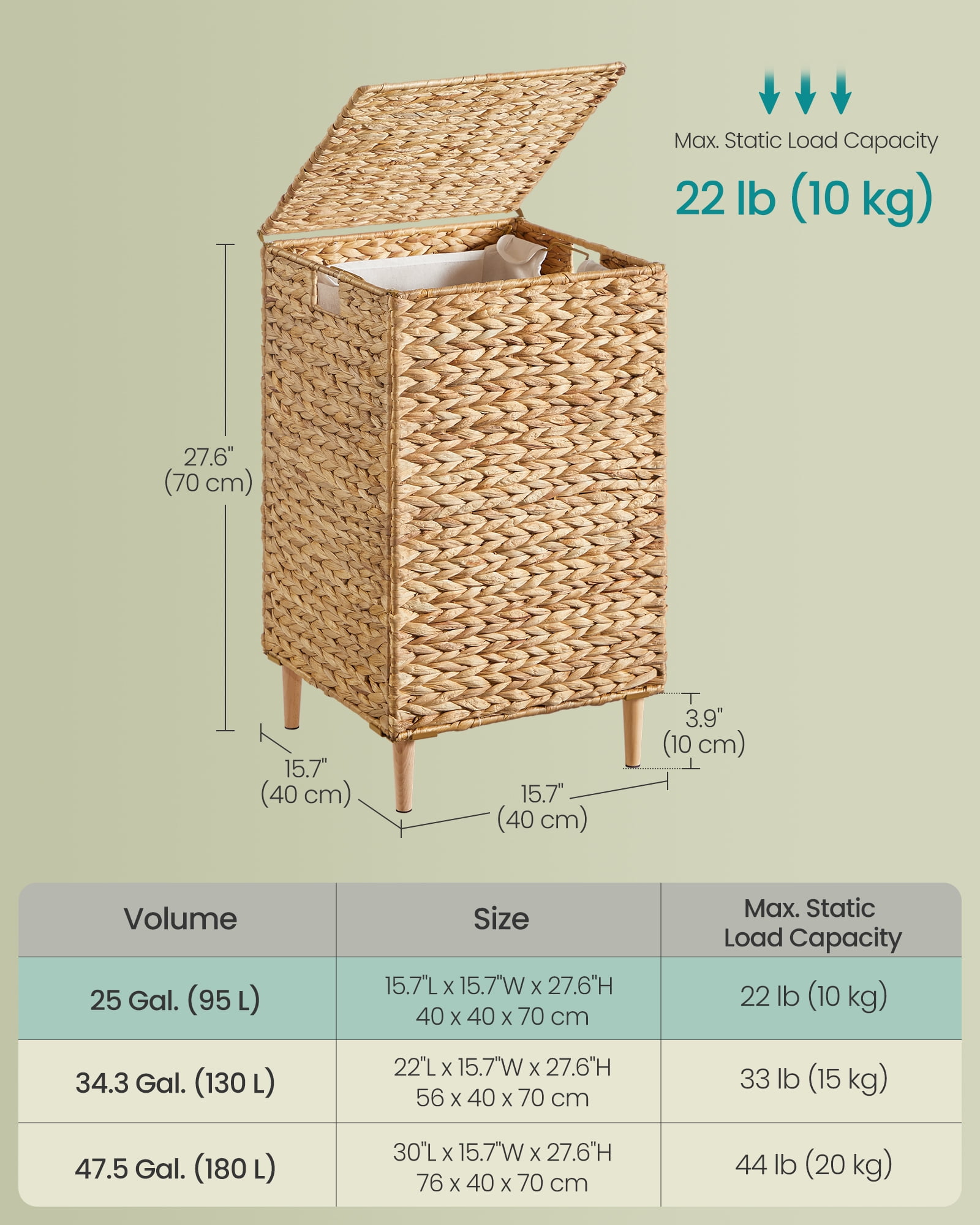 25-Gallon Handwoven Laundry Hamper with Lid and Washable Liner, Natural Water Hyacinth Basket with Wooden Feet, Steel Frame