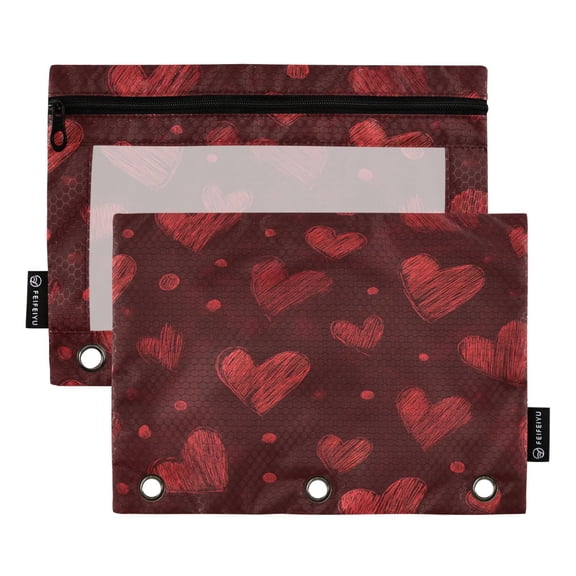2 Pack 3 Ring Binder Pouch with Clear PVC Window Water Resistant Zipper Pencil Pouch Dark Red Sketch Hearts Print Binder Pocket for Classroom Office Home Stationery Organization