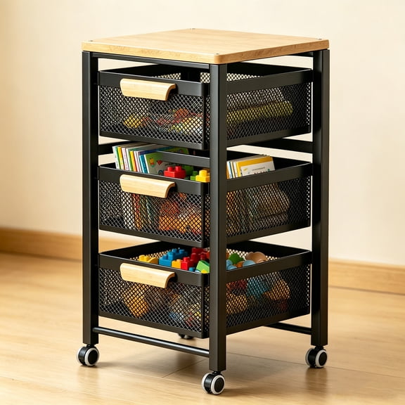Tyab Black White 3 Tier Kitchen Storage Cart with Wood Top and Rolling Drawers