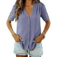 thumbnail image 5 of YUGYXL Women's Dressy Casual Shirts Summer Fashion Solid Color Short Sleeves Button Down V-Neck Office Work Blouse Tops Navy XL, 5 of 6