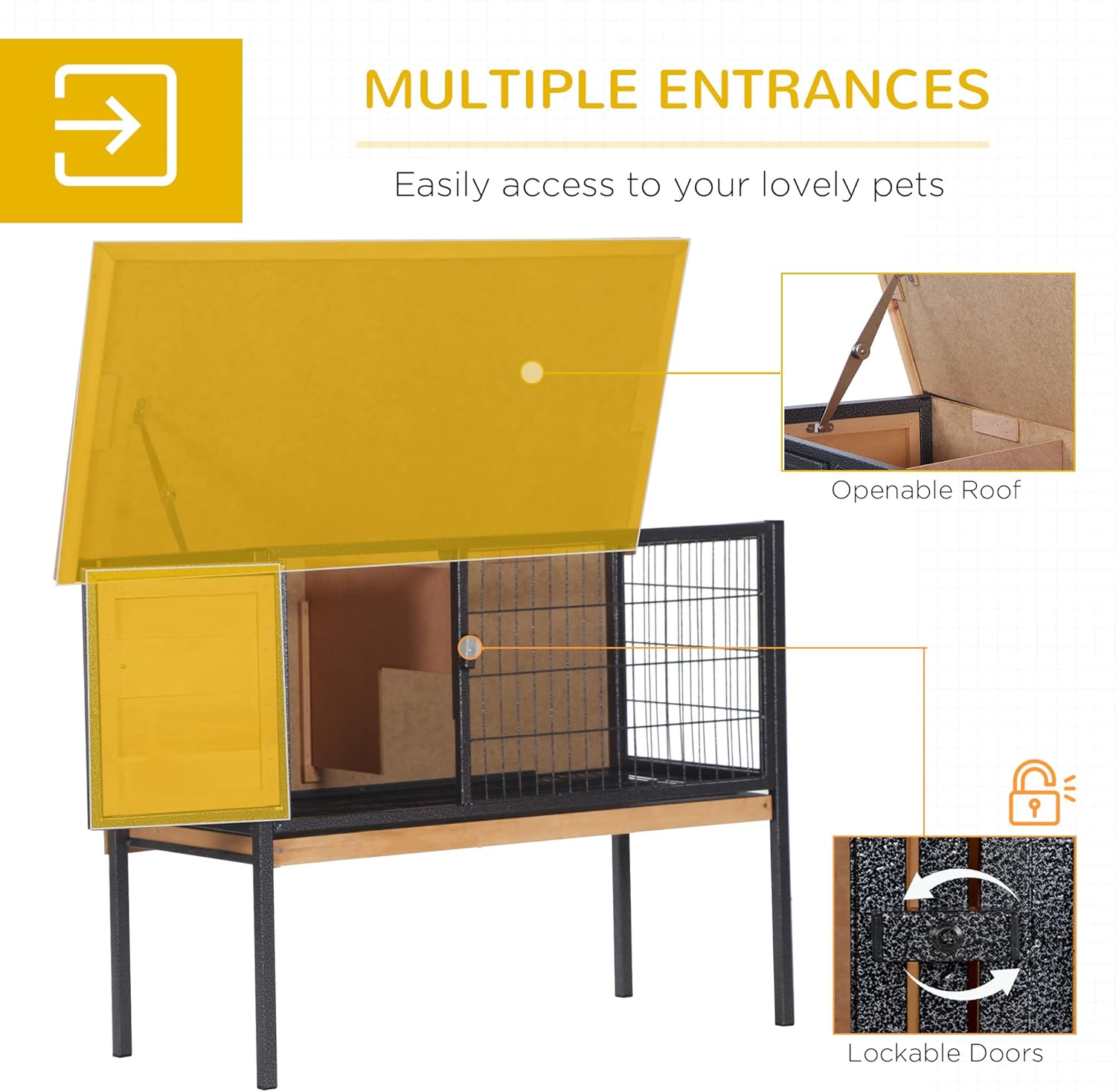 Rabbit Hutch Elevated Bunny Cage Small Animal Habitat with Metal Frame, No Leak Tray, Metal Wire Pan, Openable Water-Resistant Asphalt Roof for Rabbits, Chickens, Ducks, Indoor/Outdoor Natural