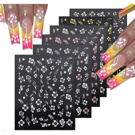Flower Nail Stickers 3D Hibiscus Flower Nail Stickers Self-Adhesive White Pink Gold Nail Decals Elegant Floral Petal Wavy Line Strip Tropical Leaf Designs for Women Girls Nail Art Supplies(6Sheets)