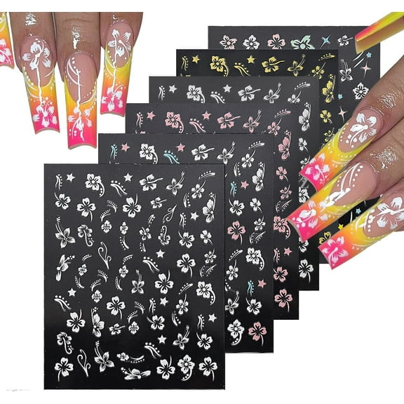 Flower Nail Stickers 3D Hibiscus Flower Nail Stickers Self-Adhesive White Pink Gold Nail Decals Elegant Floral Petal Wavy Line Strip Tropical Leaf Designs for Women Girls Nail Art Supplies(6Sheets)