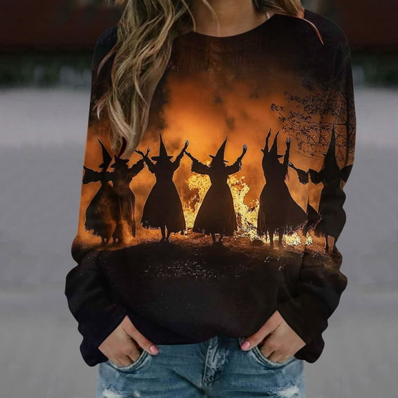 VKOYWKM Women's Halloween Sweatshirts Witch Graphic Sweatshirts Crew Neck Pullover Long Sleeve Fall Party Tops Halloween Sweatshirts