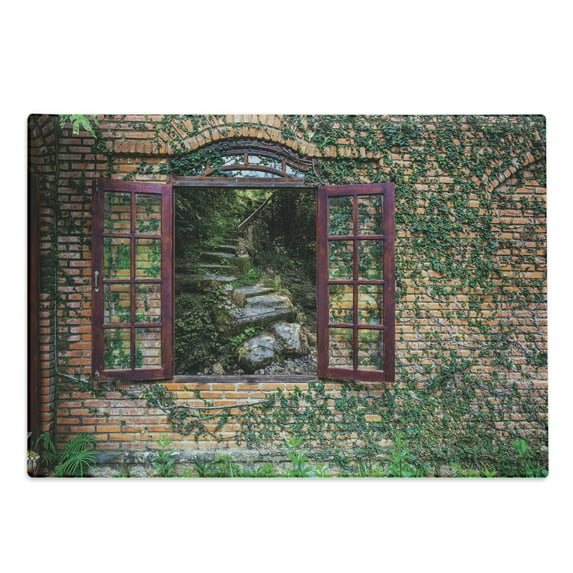 Country Cutting Board, House with Open Windows Inside Forest Design View Brick Wall with Ivy Rural Print, Decorative Tempered Glass Cutting and Serving Board, Large Size, Multicolor, by Ambesonne
