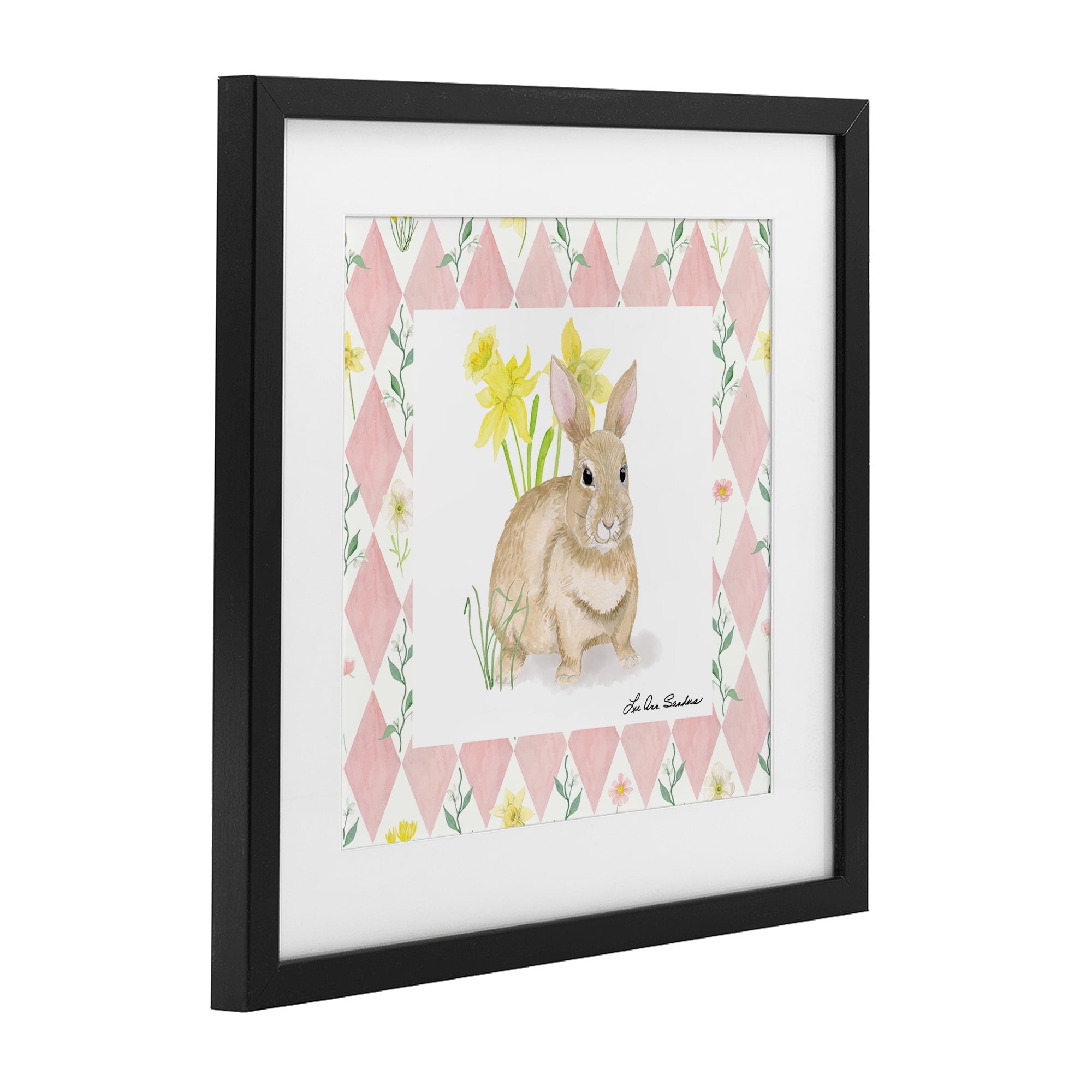 Bunny on Pink Argyle Black Framed Print Under Glass, design by Lee Ann Sanders