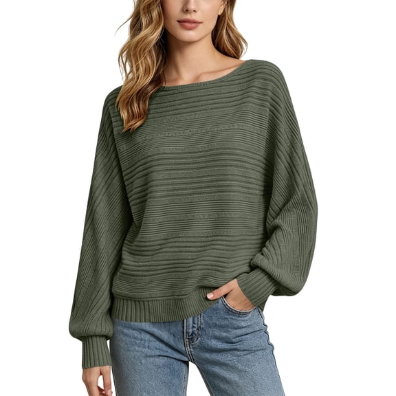 APEXFWDT Batwing Sleeves Sweater Women Crew Neck Knit Dolman Tops Business Casual Long Sleeve Shirts,S,Army Green