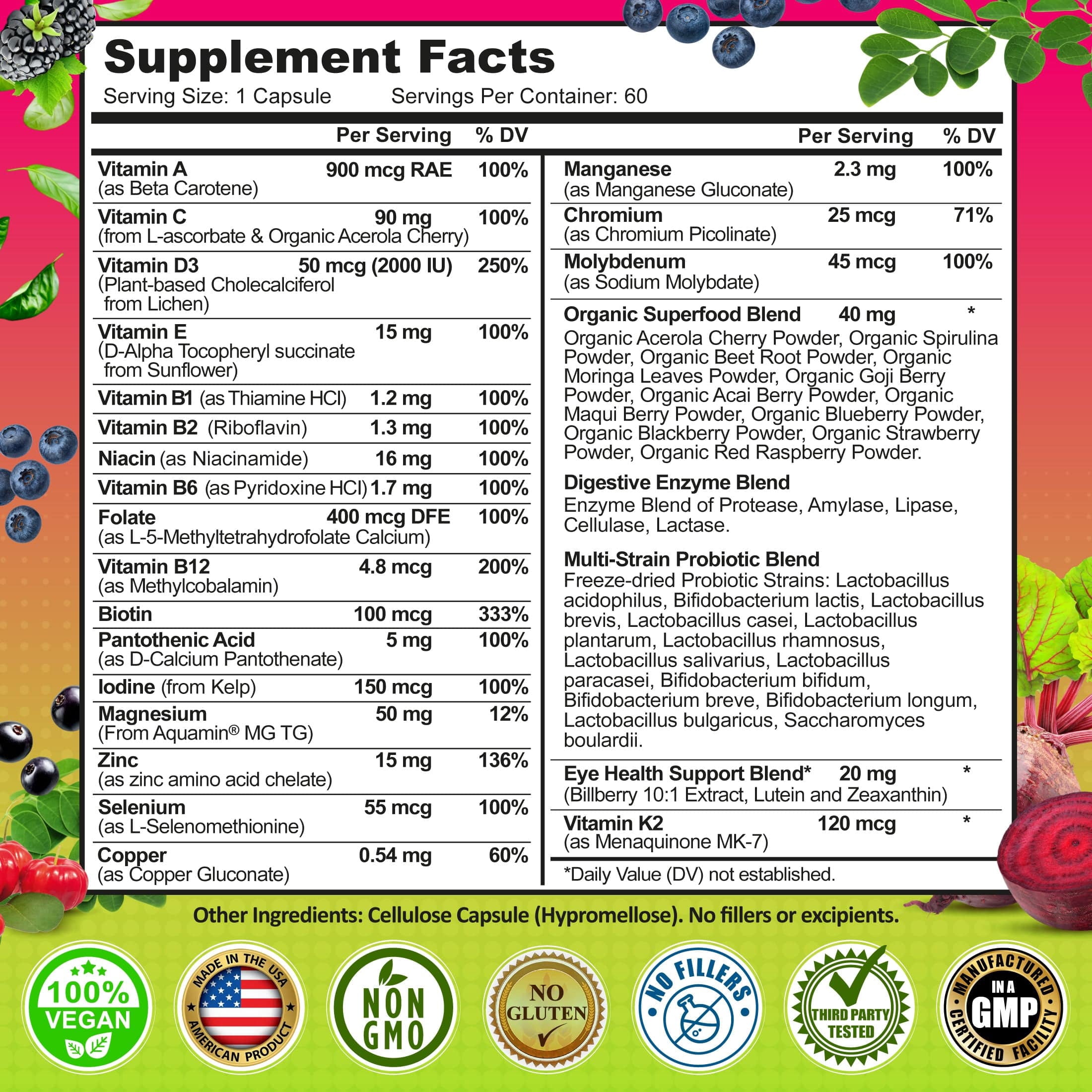 Women's Daily Multivitamin 50+, Vegan Multivitamin for Women with Biotin, Organic Superfoods, B-Complex, Probiotics, Enzymes - Supports Energy, Immunity, Gut Health - Easy to Swallow Capsules