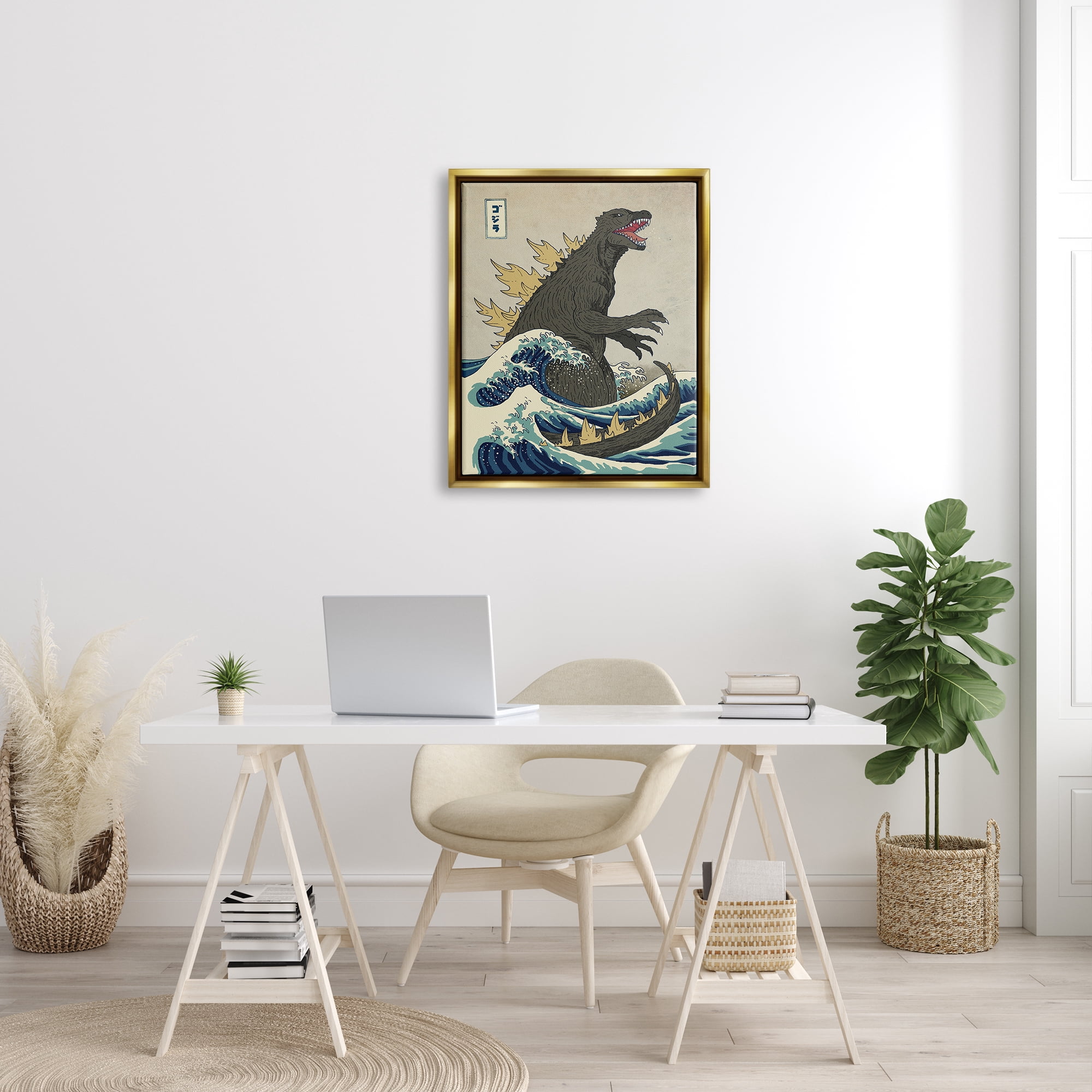 Stupell Industries Godzilla in the Waves Eastern Poster Style Illustration Metallic Gold Framed Floating Canvas Wall Art, 24x30, by Michael Buxton