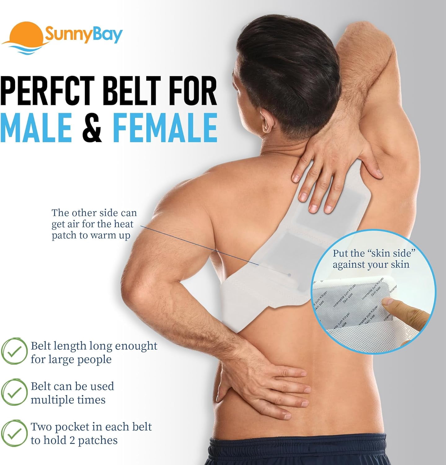 SunnyBay 24-Pack Pain Relief Patches for Lower Back Pain, 4 Wearable belts 42 inches long, Air-Activated Disposable Heat Pads for Menstrual Cramps, Neck, Shoulder, and More, Up to 113 °F Heat Therapy