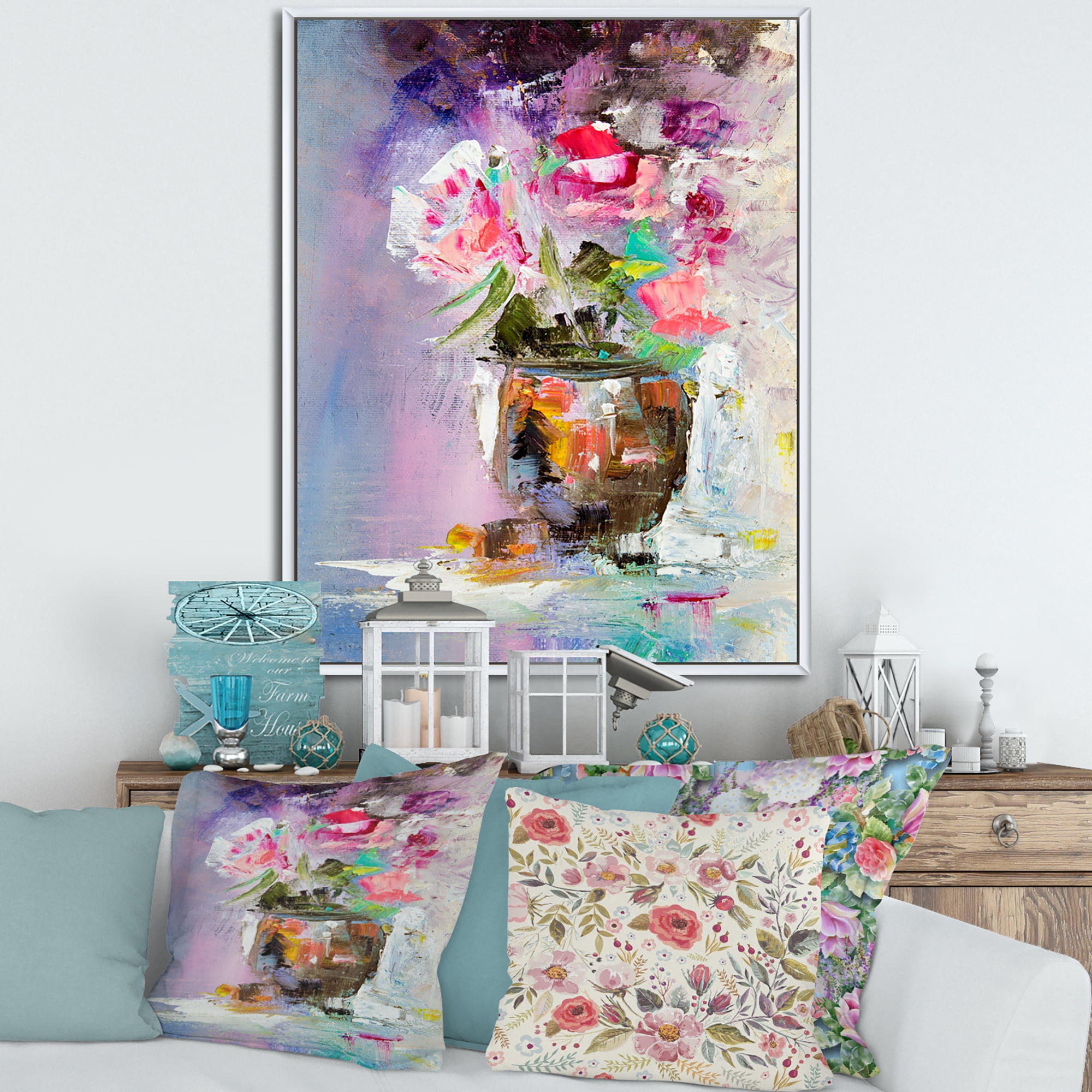 Designart 'Pink Fresh Abstract Flowers Bouquet in Vase' Modern Framed Canvas Wall Art Print