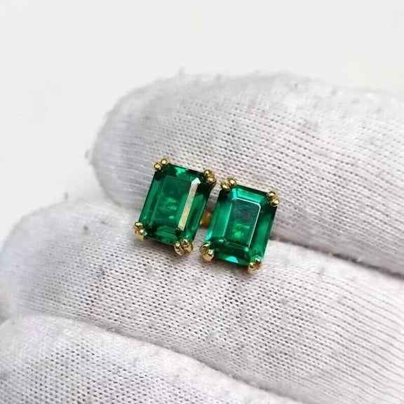 3.00CT Emerald Cut Simulated Green Emerald Women's Solitaire Stud Earrings 14K Yellow Gold Plated 925 Sterling Silver