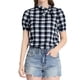 thumbnail image 1 of Blusa de cuello con lazo de cuadros para mujer Inspire Chic, retro, de manga corta abullonada, color negro, talla XL, 1 of 7