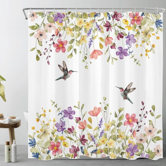 Country Colorful Wildflower Shower Curtain for Bathroom, Yellow Floral with Green Leaf and Hummingbird Fabric Shower Curtain with Hooks,Summer Garden Bathroom Curtain Shower Set,72" W x 72" L
