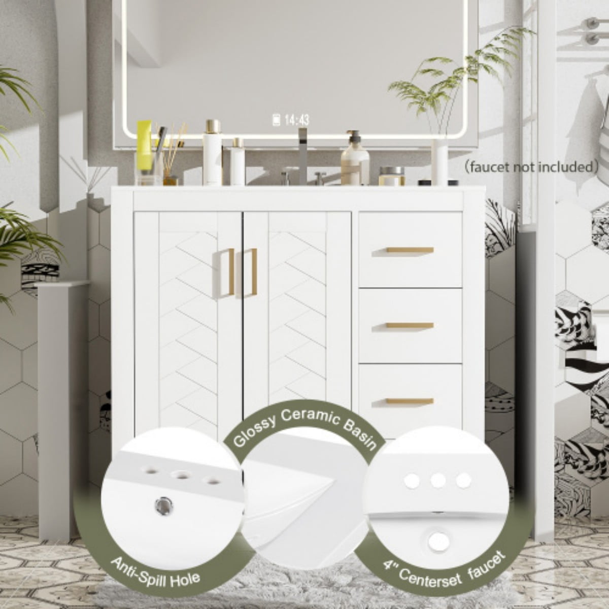 36" Bathroom Vanity with Ceramic Sink Combo, Freestanding Bathroom Vanity with 3 Drawers, 2 Doors, Solid Wood Frame, White