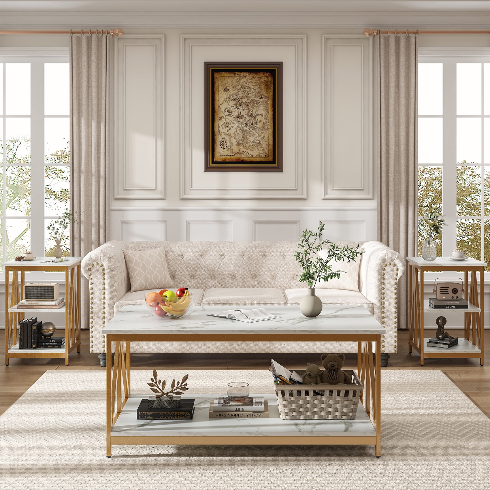 Winkalon 3-Piece Coffee Table Set with Coffee Table and 2 End Tables,Modern Living Room Table Set with Metal Frame for Apartment Home Office,White