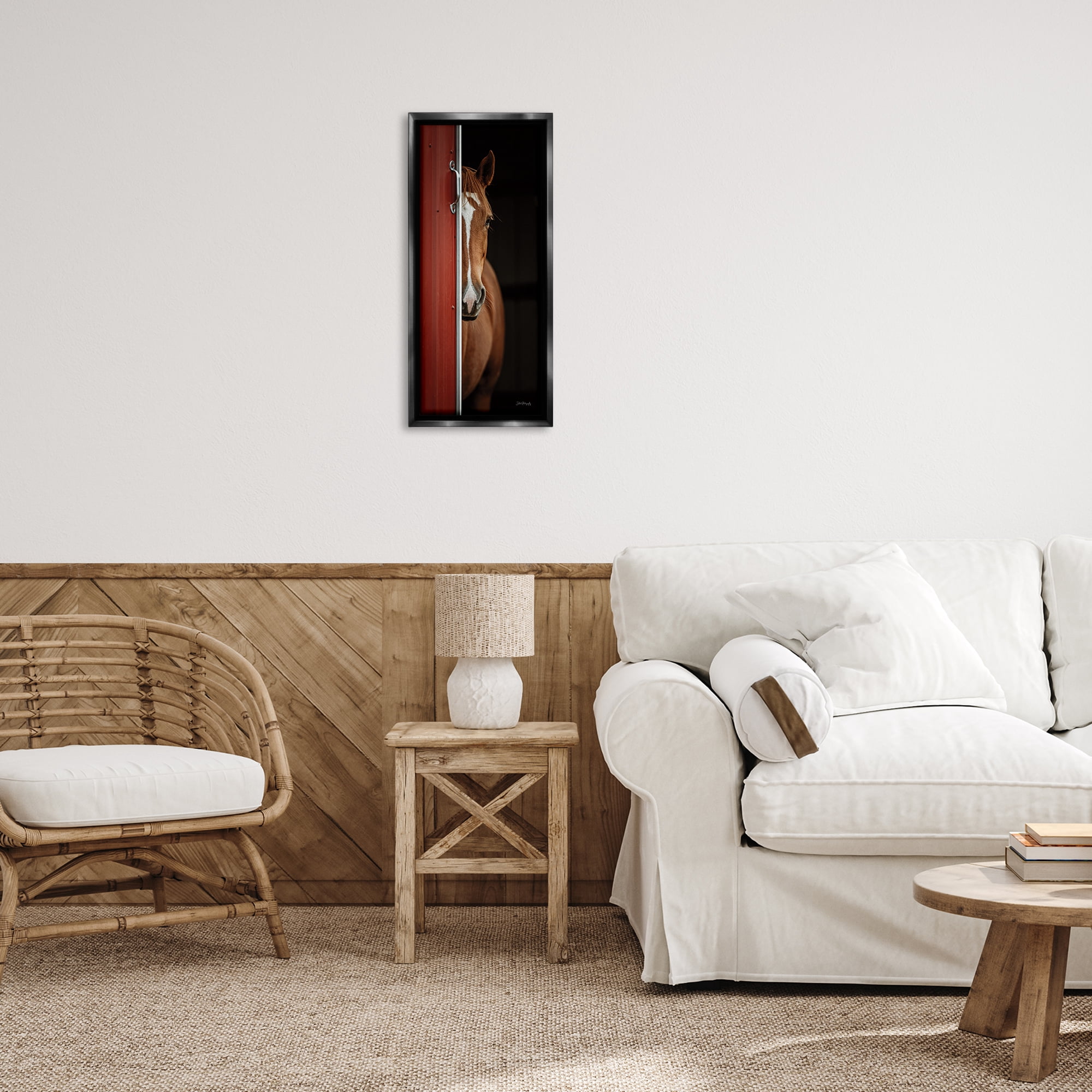Stupell Industries Brown Stallion Peeking Animals & Insects Photography Black Floater Framed Canvas Art Print Wall Art, 11 x 25