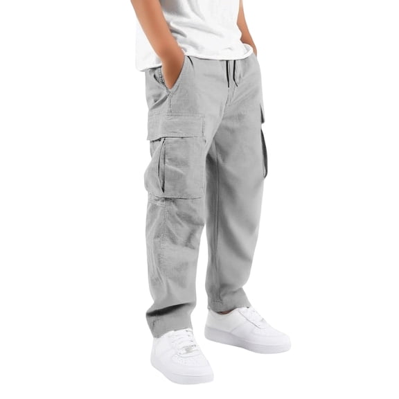 lnmuld Boys Solid Cargo Straight Leg Pants Drawstring Elastic Waist Multi Pocket Loose Fit Casual Kids Bottoms Size:11-12 Years