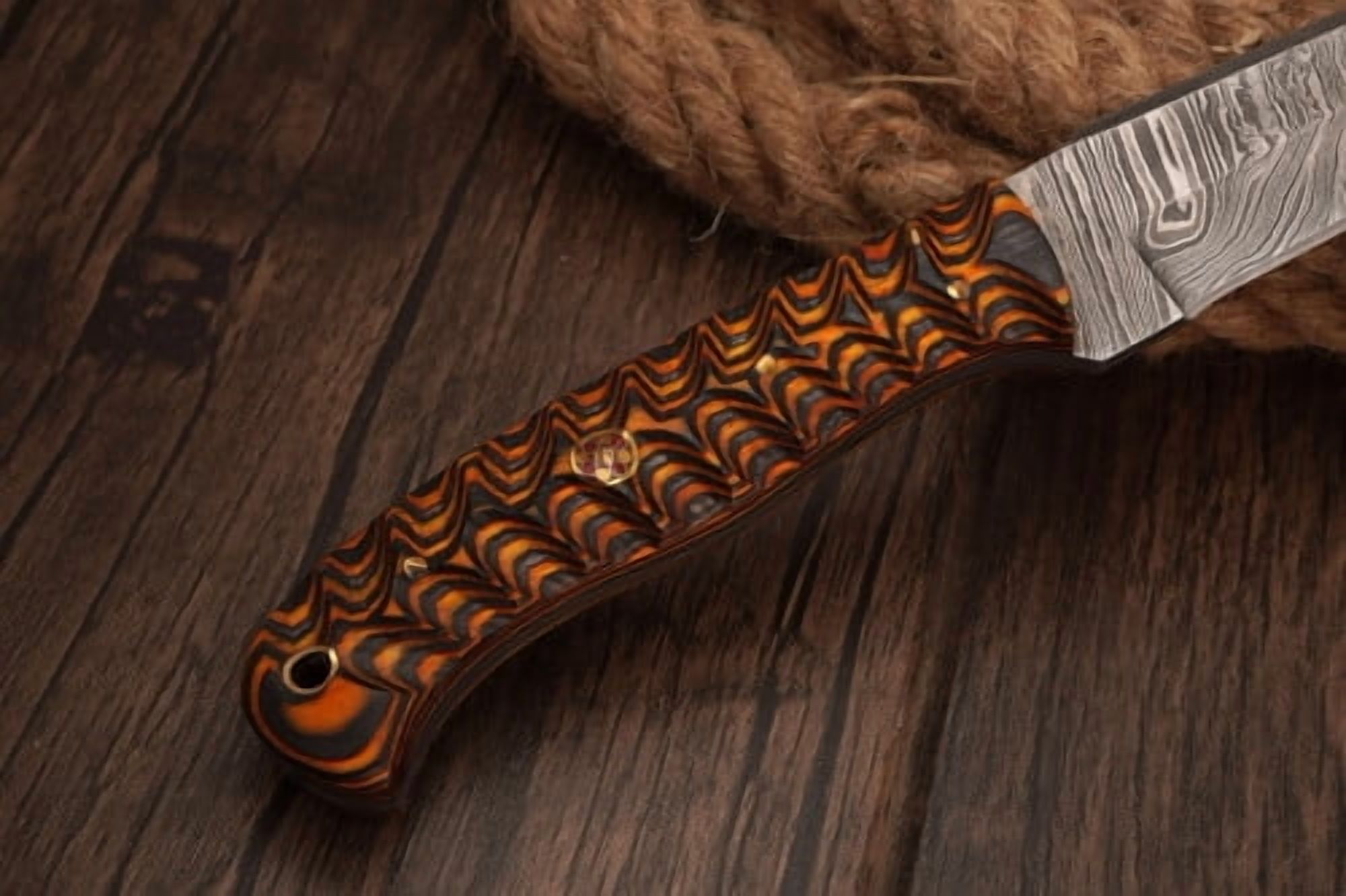 Damascus Steel knife 8' , leather sheath, Grooved handle, Hunting - FH Knives