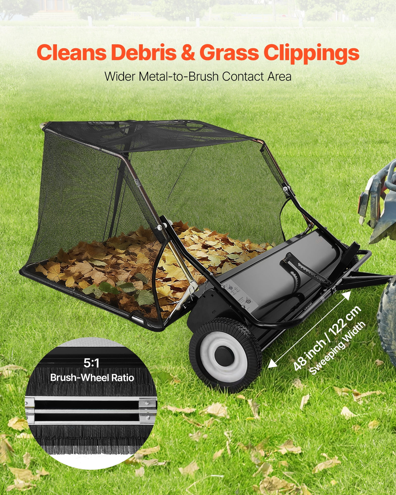 VEVOR Tow Behind Lawn Sweeper, 48 in Pull Behind Yard Sweeper, 26 Cu. ft Hopper Bag Capacity, Leaf & Grass Collector with Dumping Rope, Adjustable Sweeping Height, Garden Sweepers for Lawn Farm