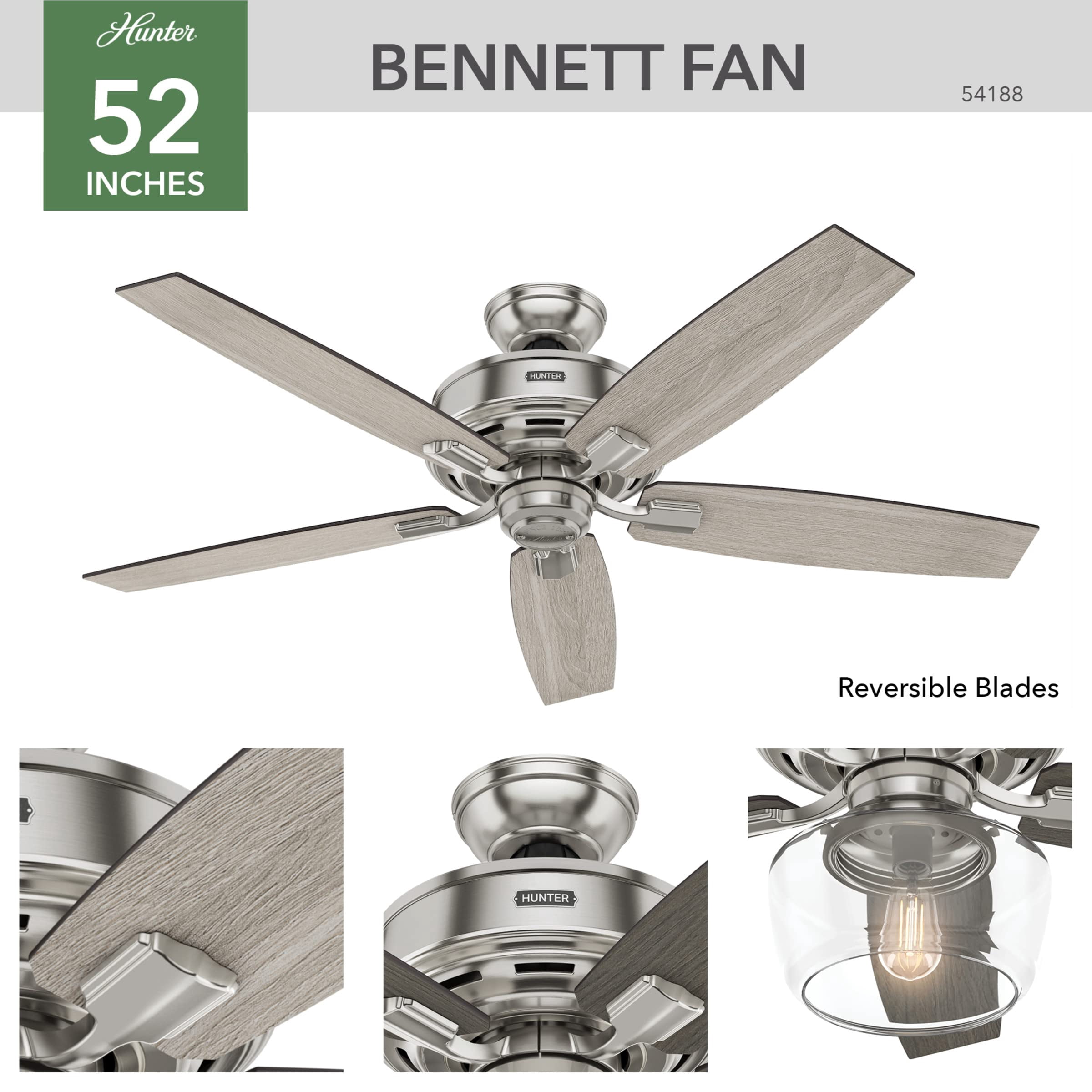 Hunter Bennett 52″ Quiet Ceiling Fan with LED Light and Remote Control, Silver Sansujyuku sansujyuku.com