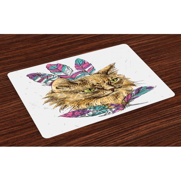 Cat Placemats Set of 4 Hand Drawn Boho Style Cat Image Ink Sketch Animal With Colorful Feathers