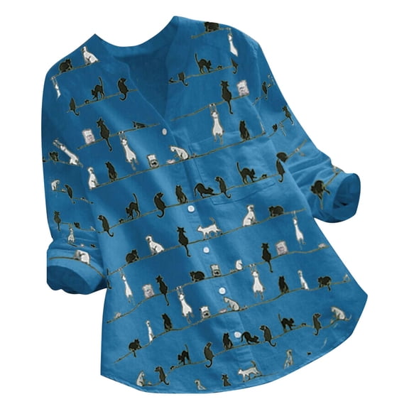 Womens under $10 2026 ! asdoklhq Womens Plus Size Tops,Women Casual Cat Print Long Sleeve V-Neck Button Loose Shirt Top Blouse