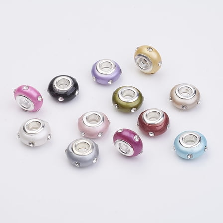 10 pc Resin European Beads with Brass Core and Rhinestones Rondelle Large Hole Beads Platinum Mixed color 14x8mm Hole: 4.5mm
