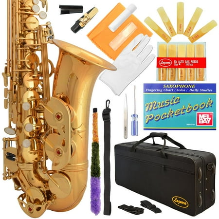 - Lazarro® Professional Gold Lacquer Eb E Flat Alto Saxophone Sax with 11 Reeds, Case & Many Extras - 360-LQ
