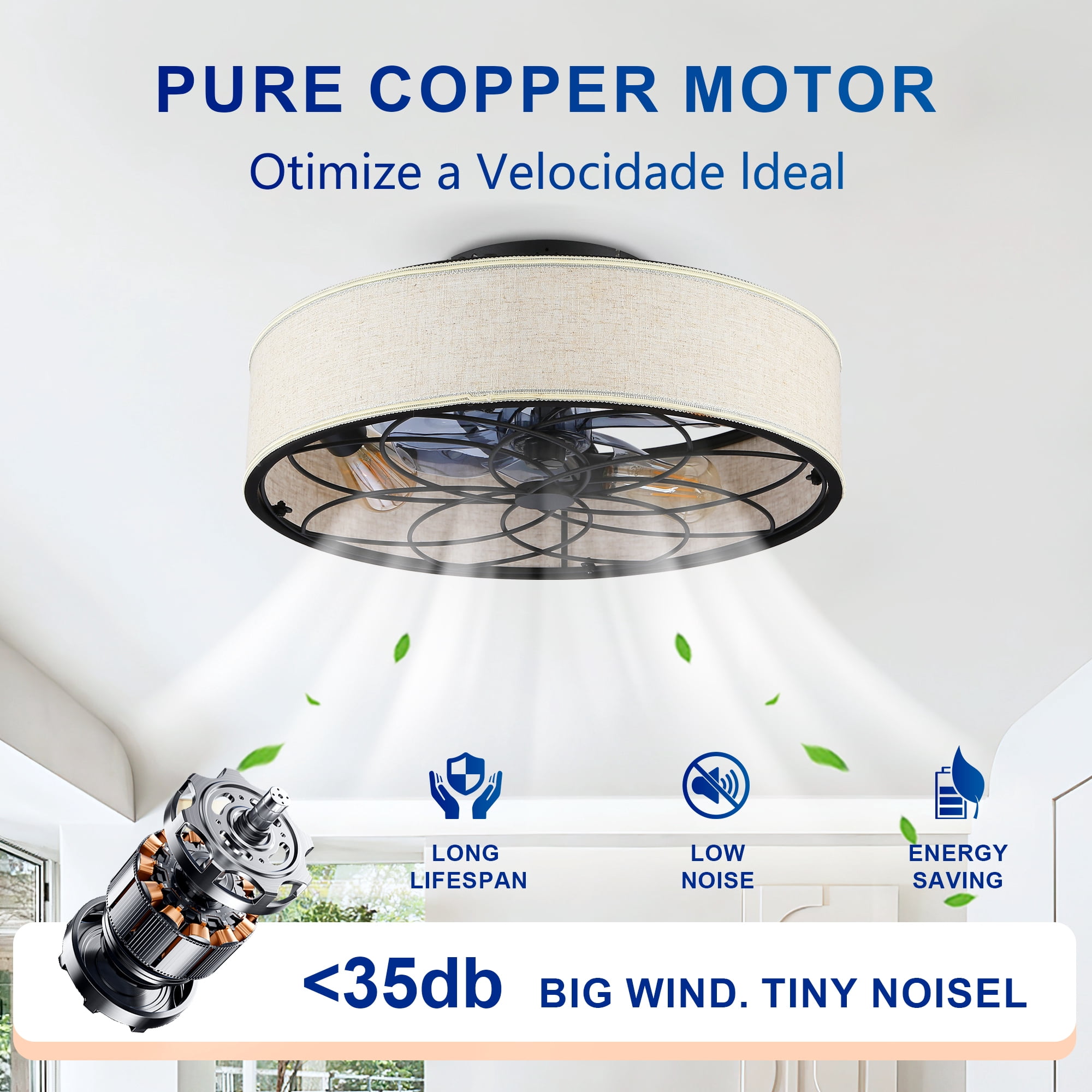 Leumius 20" Fabric Farmhouse Ceiling Fan with Light and Remote Control,Low Profile Modern Enclosed Ceiling Fans with Reversible Motor for Living Room,Bedroom,Kitchen (NOT Included Bulbs)