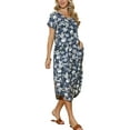 thumbnail image 4 of INSPIRE CHIC Women's V Neck Short Sleeve Summer Casual Loose with Pockets Floral Midi Dress  S Dark Blue, 4 of 6