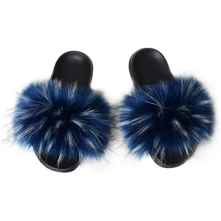 

Women s Fur Slide Slipper Sandal with Soft Furry Faux Fox Fur Lovely House Outdoor Slippers for Ladies Multicolor
