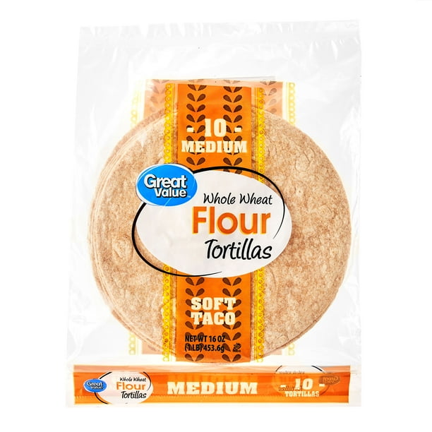 Great Value Medium Whole Wheat Flour Tortillas, 16 oz, 10 Count