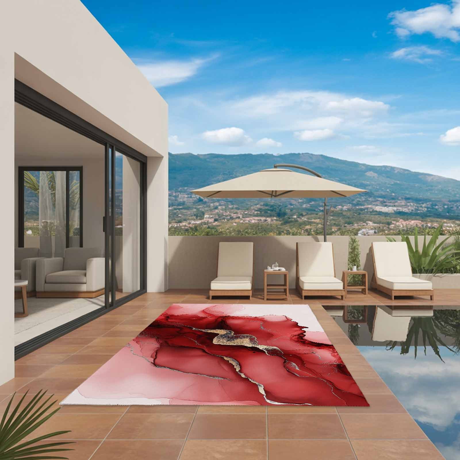 Outdoor Rug 5x8ft Abstract Ombre Red Marble Large Area Rug White Modern Art Indoor Outdoor Carpet Outdoor Rugs Mats for Patio Camping,RV,Front Door, Outside Decor