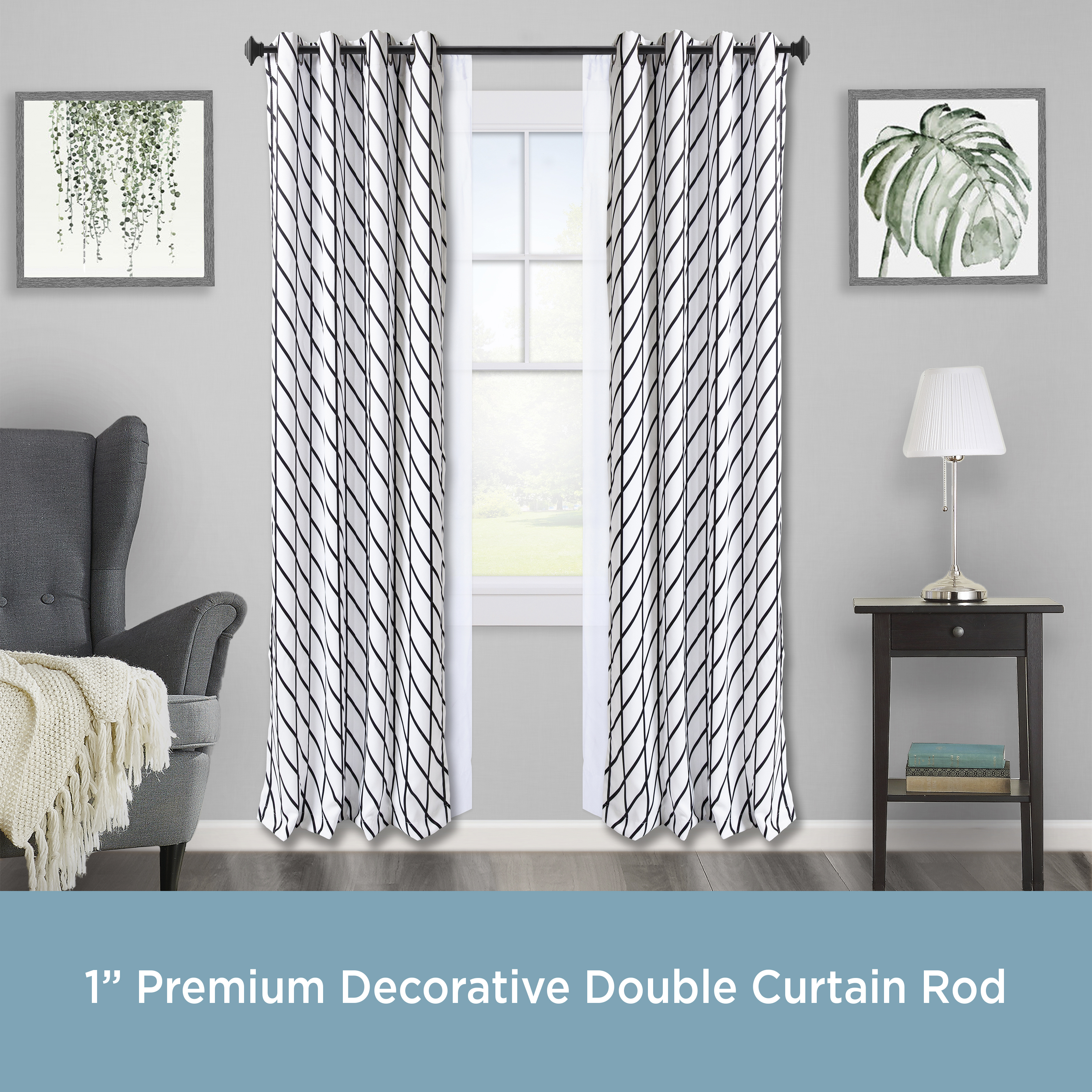 Kenney Mission Premium Steel Decorative Window Double Curtain Rod, 36-66" Adjustable Length, 1" Dia., Black