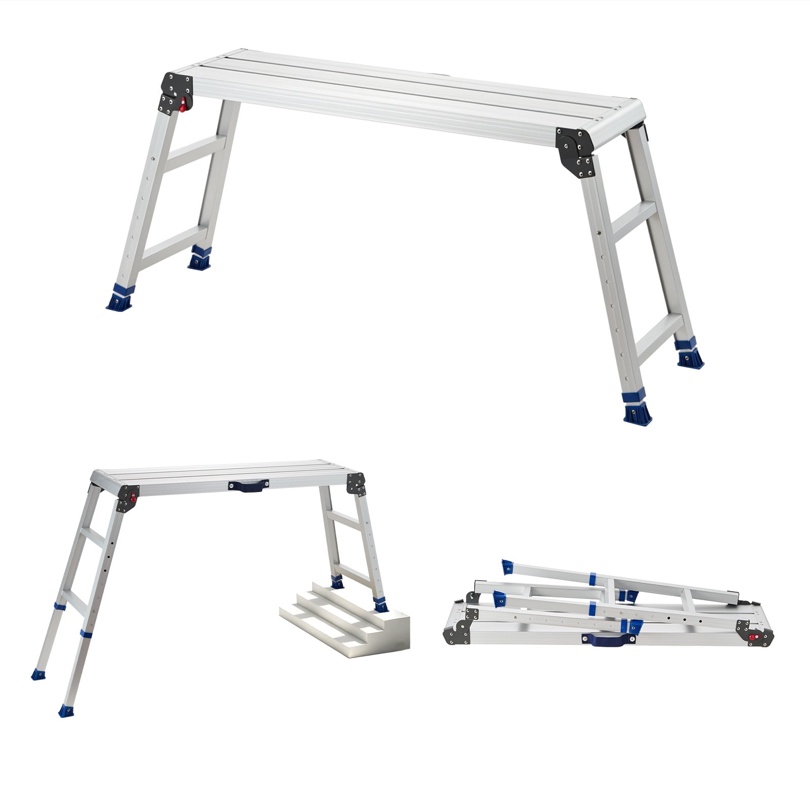 KFFKFF Folding Work Platform, Adjustable Height 23-34.5 in, 40 x 12 in Aluminum Step Stool, 500 lbs Capacity, Durable Non-Slip Platform Ladder, Portable Work Bench for Painting and Maintenance
