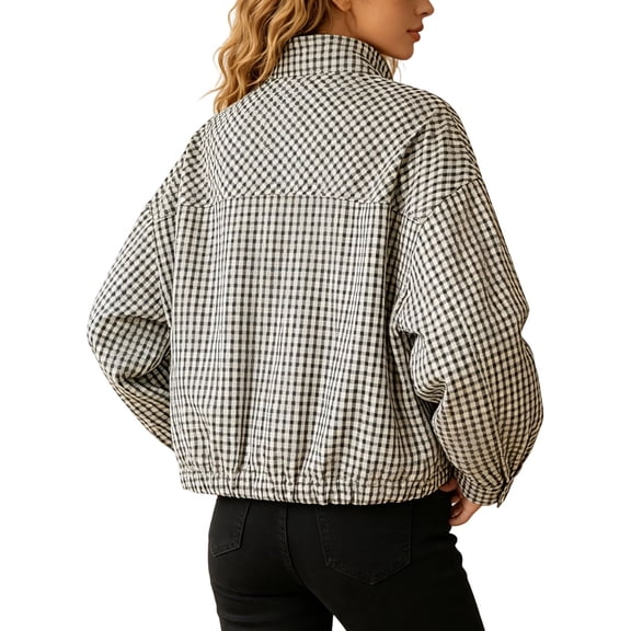 Norvella Womens Gingham Bomber Jackets Zip Up Stand Collar Long Sleeve Oversized Cropped Relaxed Fit Lightweight Windbreaker Coats