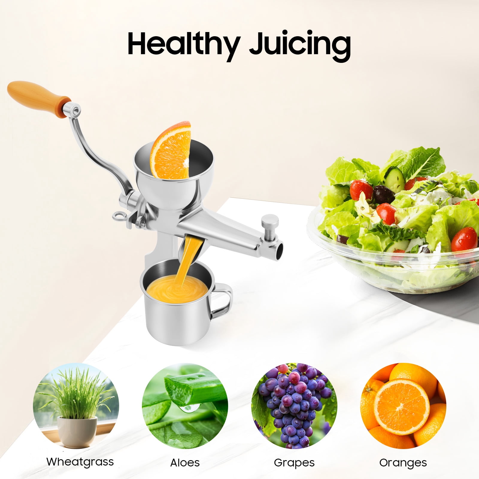 Stainless Steel Manual Juicer for Wheatgrass, Fruits, and Vegetables, Slow-Press with Low-Speed Spiral Auger, Easy Clamp Installation, High Nutrient Retention