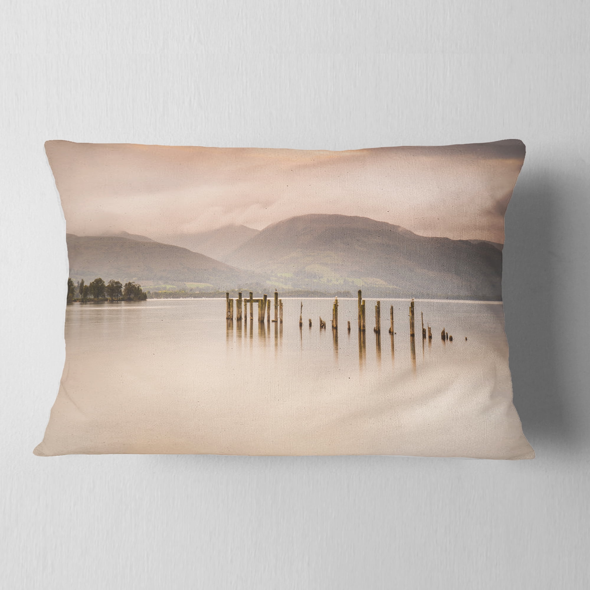 Designart Loch Lomond Jetty and Mountains - Landscape Printed Throw Pillow - 12x20