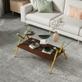 thumbnail image 3 of Modern Coffee Table,Rectangle Coffee Table with Tempered Glass Top with Wood Shelf,2-Tier for Home Living Room,Transparent Glass+Brown Wood+Gold Leg, 3 of 8