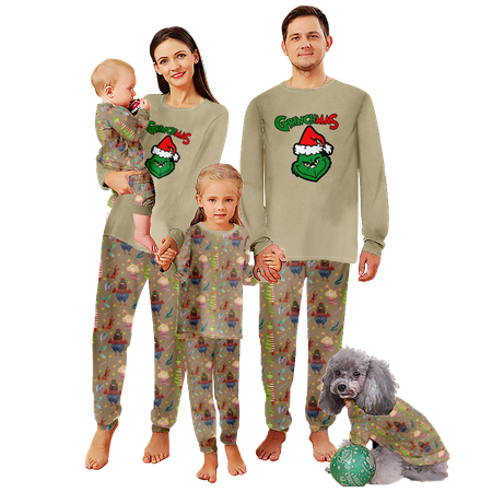 

FUNIER Holiday Family Matching Christmas Pajamas Sleepwear Set Grinch Khaki Print Sizes Baby-Kids-Adult-Pet 2 Pieces Top and Pants Bodysuits Unisex Pajamas Set