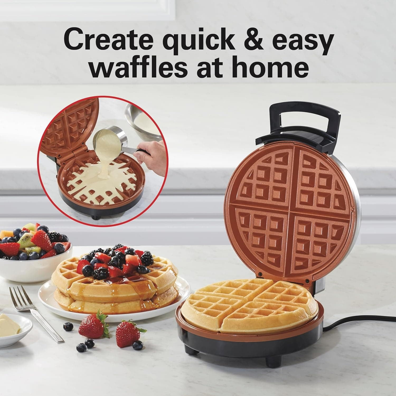 Waffle Maker with Non-Stick Ceramic-Coated Plates, Browning Control, Indicator Lights, Stainless Steel