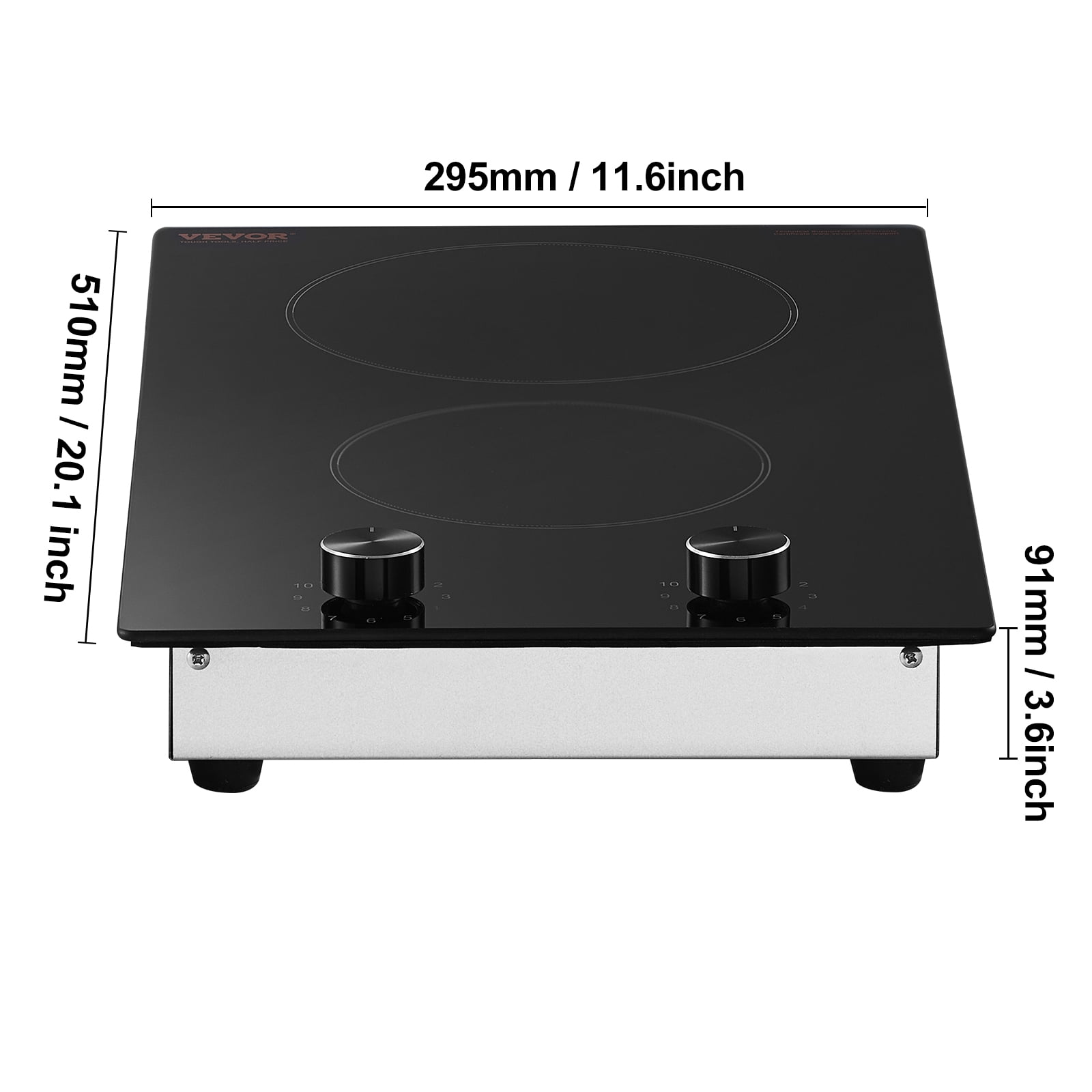 VEVOR Electric Cooktop, 12 inch 2 Burners Built-in Electric Stove Top, 1800W Ceramic Top Radiant Cooktop, with Glass Panel, Knob Control, 11 Heat Levels, 120V, for Diverse Cooking Requirements