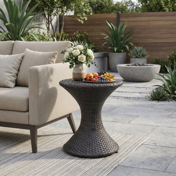 Gearwell Wicker Side Table, 16-Inch Round Outdoor Accent Table, Multi-Brown PE Rattan with Aluminum Frame for Patio, Balcony, Garden, Backyard