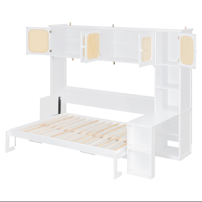 Full Size Murphy Bed with Desk and Open Shelf, Space-Saving Wall Folding Platform Bed Frame with Rattan-Door Cabinets