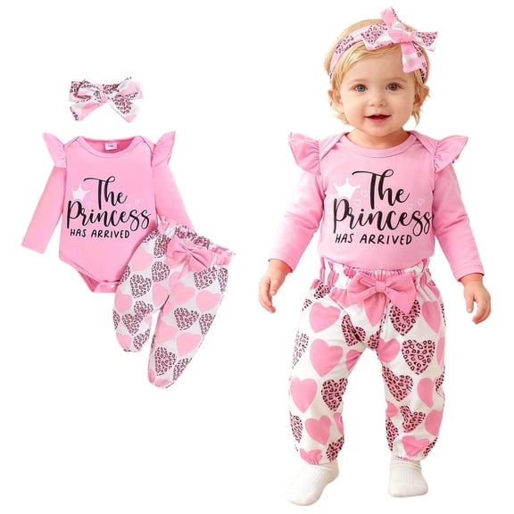 Valentines Outfit Girl Long Sleeve Letter Print Ruffle Romper Bodysuit Pants and Headband Set Cute Baby Girl Outfit 3-6 Months Baby Girl Outfits