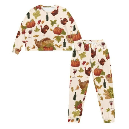 HELLHERO Thanksgiving Pjs Set Turkey Pumpkin Printed Pajama Long Sleeve Sleepwear Comfy Loungewear Round Neck Pajama with Pockets M